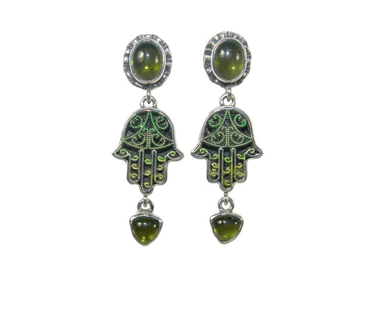 Vesuvianite and Hand Enameled Hamsa Sterling Silver Dangle Earrings