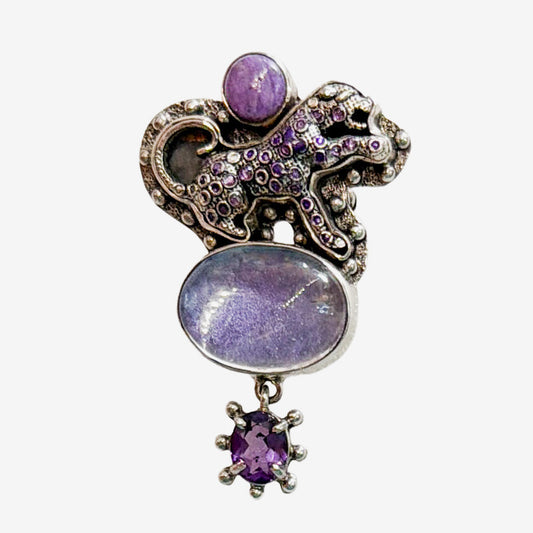 32761 Hand-Enameled Wild Cat, Amethyst, Sugilite & Quartz Pin / Pendant
