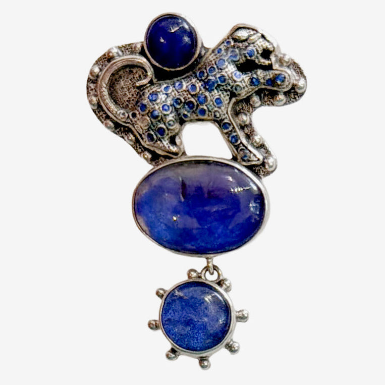32761C Hand-Enameled Wild Cat, Blue Agate Pin / Pendant