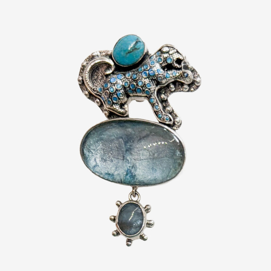 32761D Hand-Enameled Wild Cat, Turquoise Pin / Pendant
