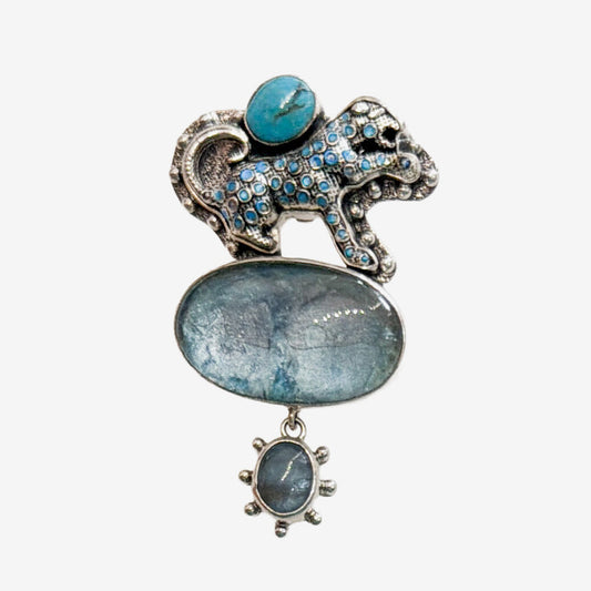 32761D Hand-Enameled Wild Cat, Turquoise Pin / Pendant