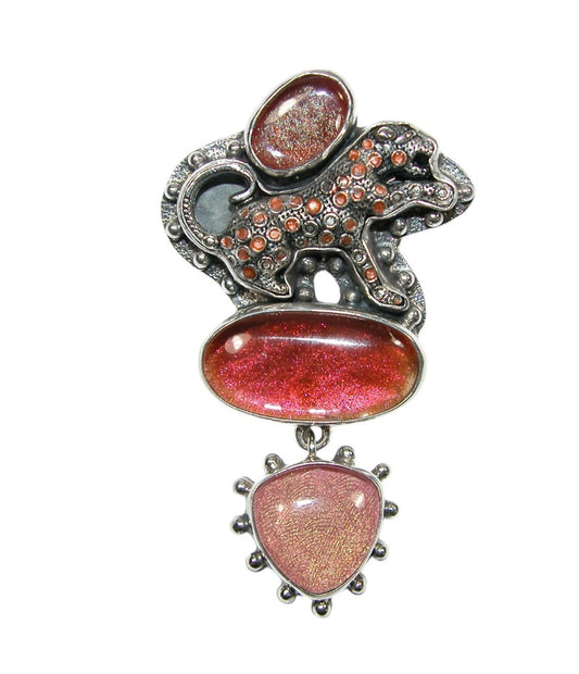 Spotted Pink Wild Cat with Gemstones Pin Pendant