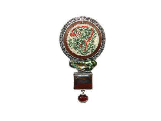 32762 Dragon Carved Bone, Freshwater Pearl, Sterling Silver Pin and Pendant