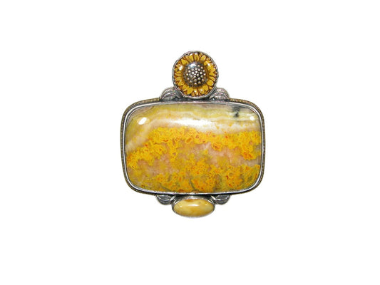 Bumble Bee Jasper Pin Pendant with Enameled Sunflower
