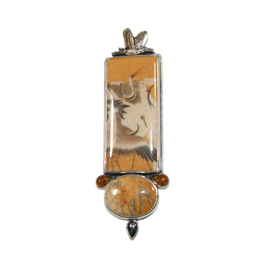 Enamel Crane Tile Yellow Jasper Sterling Silver Pin and Pendant