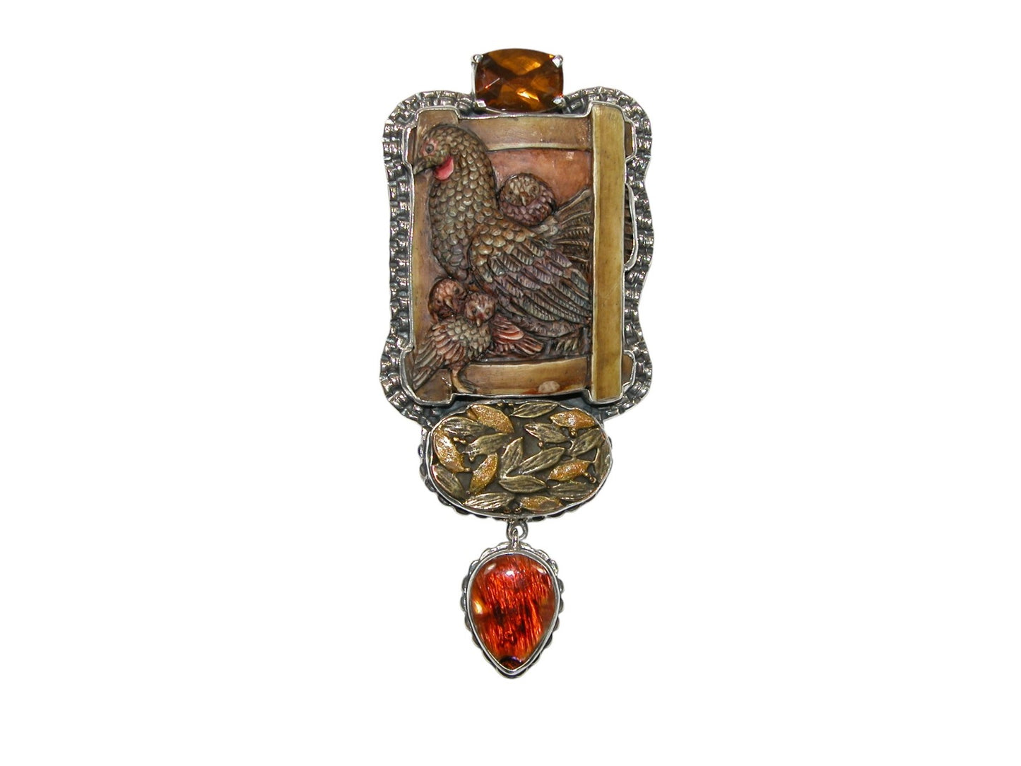Hand Carved Bone Chicken Pin Pendant with Cognac Topaz