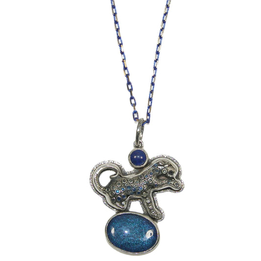 32776A Hand Enamel Cheetah Blue Lapis Sterling Silver Necklace