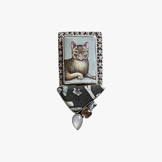32779 Hand-Painted Cat, Chinese Writing Stone Pin / Pendant