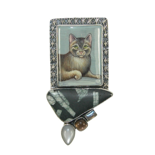 32779 Hand Painted Cat, Onyx, Labradorite Sterling Silver Pin and Pendant