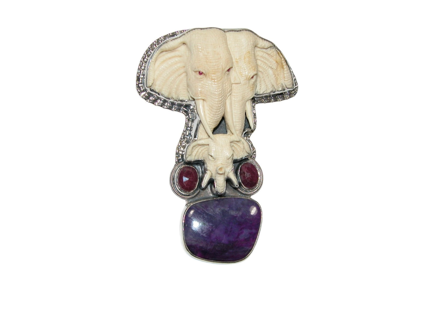 Hand Carved Fossil Ivory Elephants with Sugilite