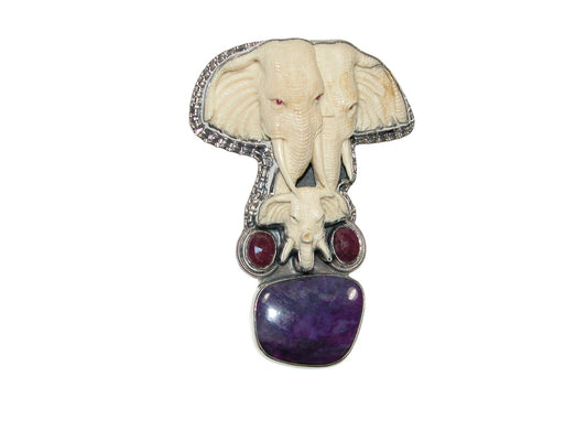 Hand Carved Fossil Ivory Elephants with Sugilite