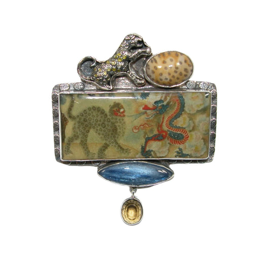 Quartz, Kyanite, Fossilized Coral with Handmade Leopard Tile Sterling Silver Pin Pendant