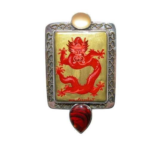 Hand Painted Red Dragon on Black Onyx with Gemstones