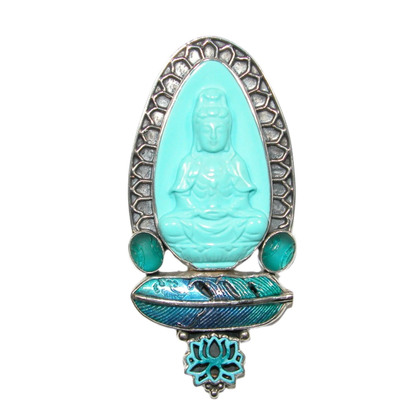 32786 Turquoise Carved Buddha, Celestial Quartz, Enamel Sterling Silver Pin and Pendant