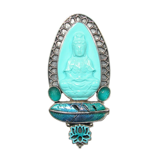 32786 Turquoise Carved Buddha, Celestial Quartz, Enamel Sterling Silver Pin and Pendant 32786
