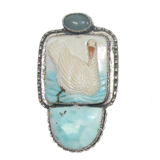 32787 Hand Carved Bone Swan Sterling Silver Pin / Pendant