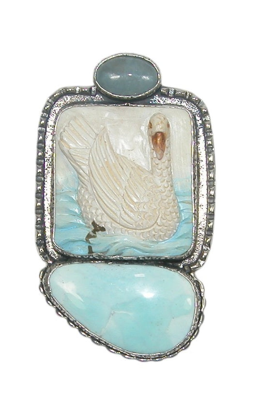 Hand Carved Bone Blue Swan Sterling Silver Pin and Pendant