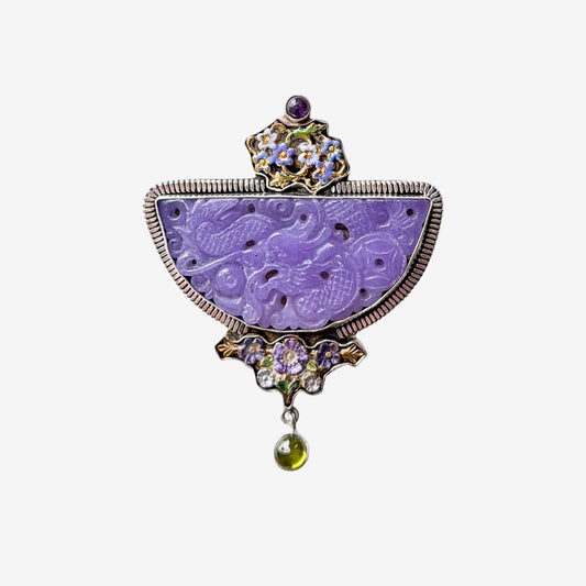 32788 Quartz, Amethyst, Peridot, Hand-Enameled Floral Pin / Pendant
