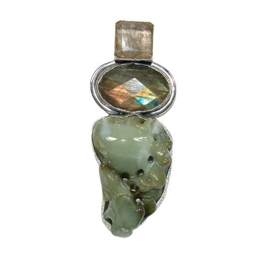 Carved Frog Labradorite Quartz Sterling Silver Pin and Pendant