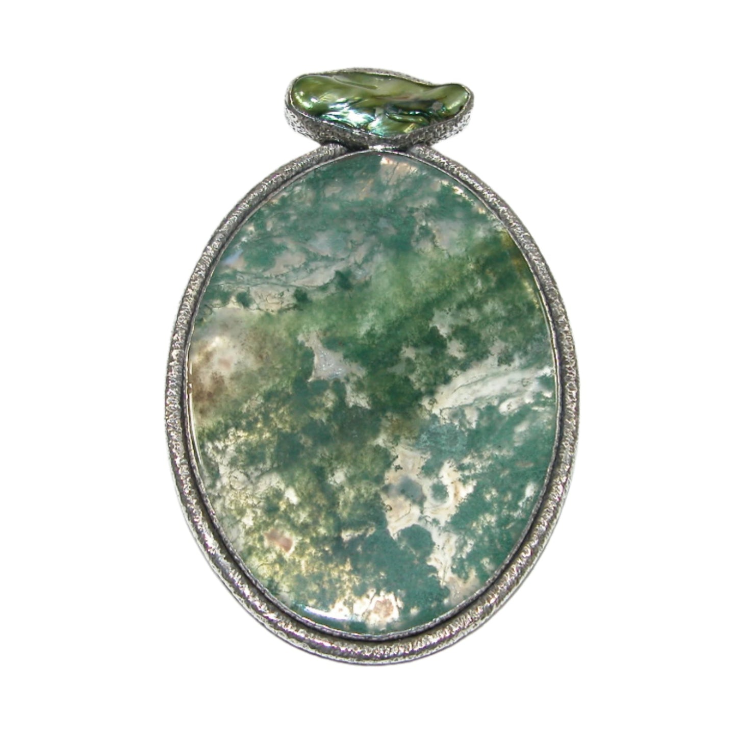 Moss Agate, Freshwater Pearl Sterling Silver Pin and Pendant