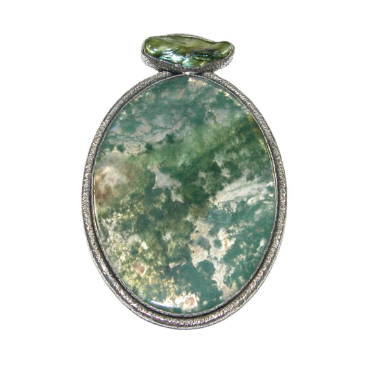 Moss Agate, Freshwater Pearl Sterling Silver Pin and Pendant