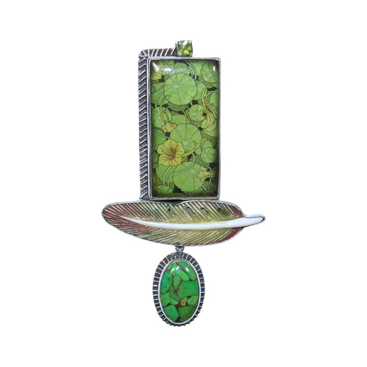 32808 Handmade Tile, Peridot, Turquoise, Hand Carved Scrimshaw Sterling Silver Pin and Pendant