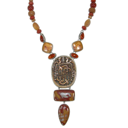 Carnelian Carved Jasper Beaded Sterling Silver Necklace and Pendant