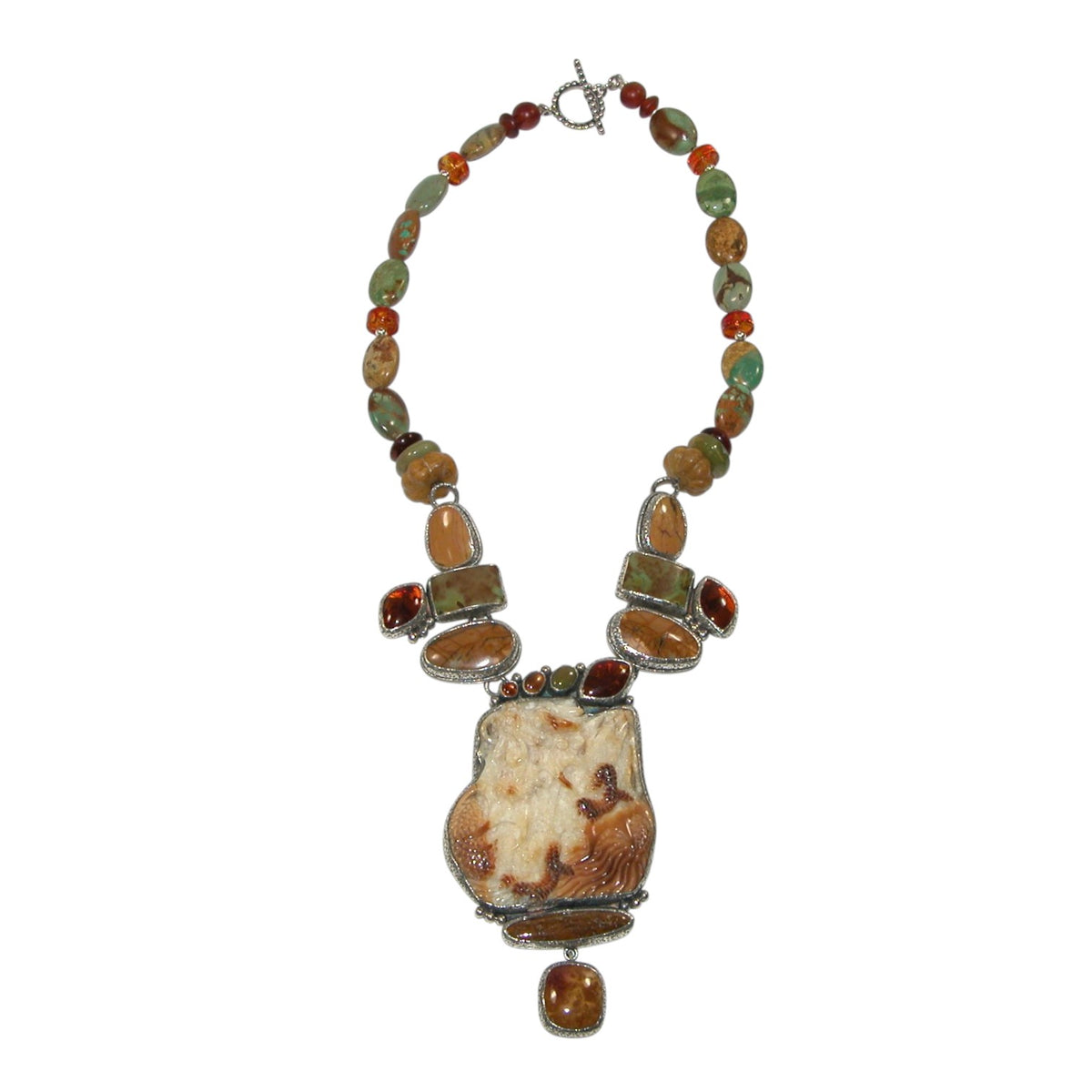 Carved Dragon, Green Turquoise, Amber Beaded Sterling Silver Necklace