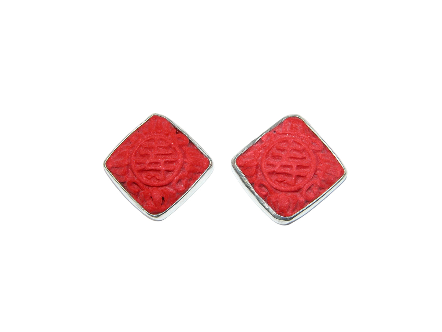 32816 Red Carved Cinnabar Sterling Silver Earrings
