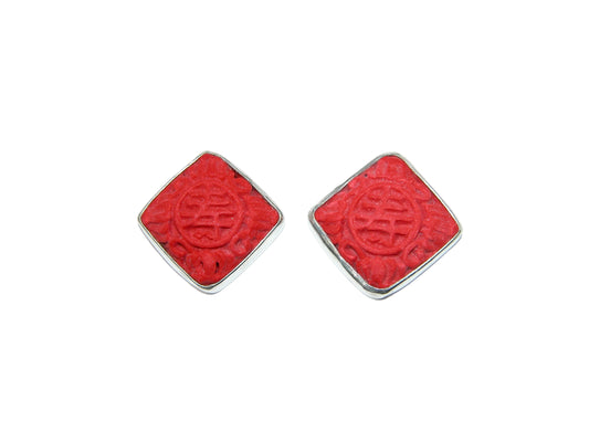 32816 Red Carved Cinnabar Sterling Silver Earrings