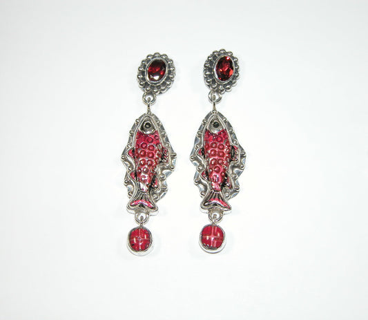 32817A Hand Enameled Fish, Pink Topaz, Sterling Silver Earrings