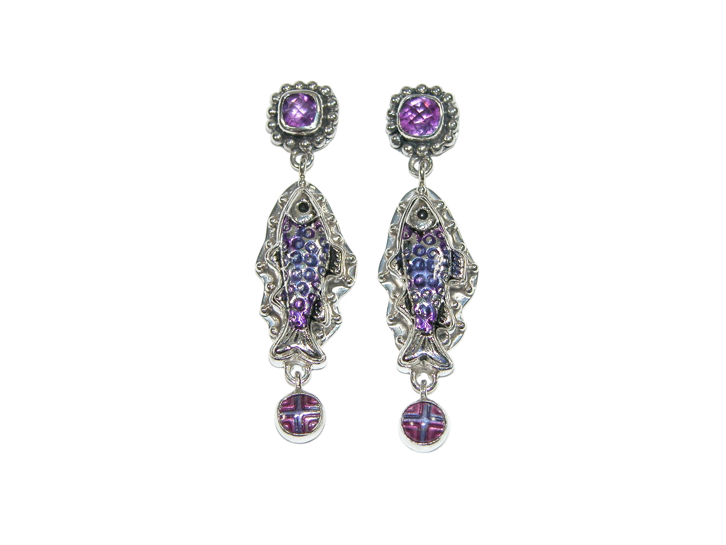 32817B Amethyst Hand Enameled Dangling Fish Sterling Silver Earrings