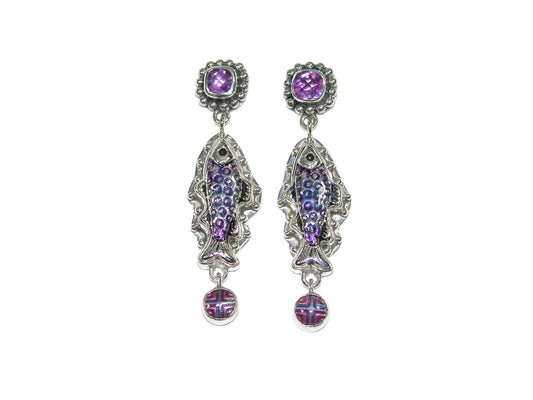 32817B Amethyst Hand Enameled Dangling Fish Sterling Silver Earrings