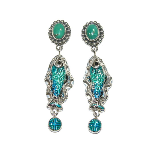 32817C Turquoise Hand Enameled Dangling Fish Sterling Silver Earrings