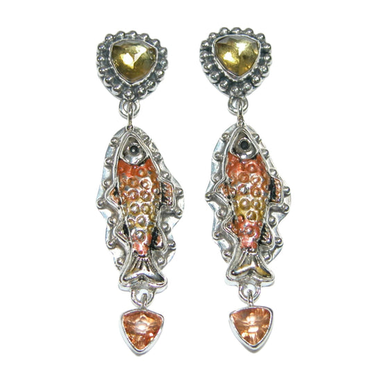 Citrine Hand Enameled Dangling Fish Sterling Silver Earrings