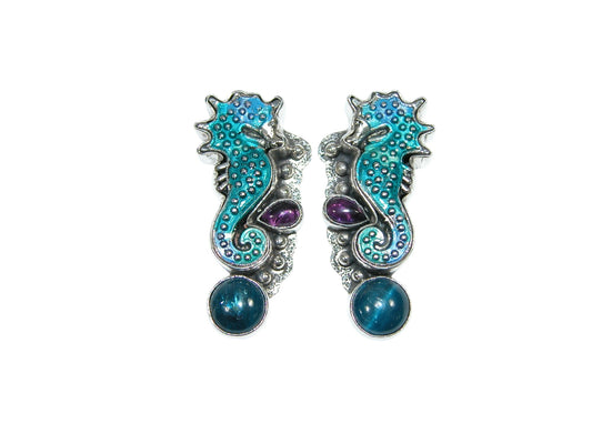 32818B Hand Enameling Seahorse, Amethyst Sterling Silver Earrings