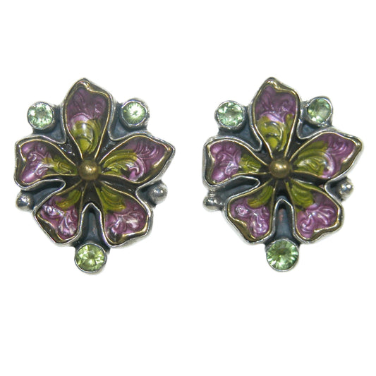 Purple and Green Hand Enameled Flower with Peridot Sterling Silver Earrings