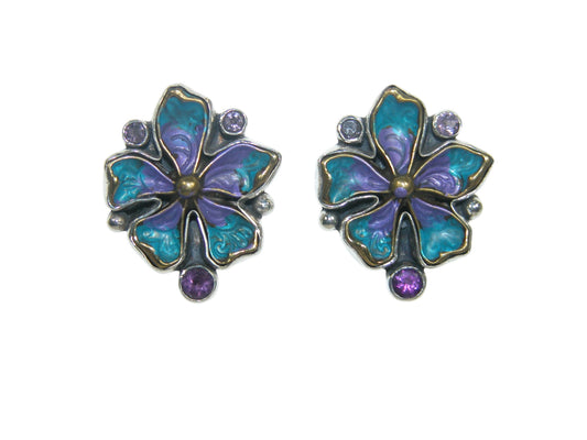 32819E Purple and Blue Hand Enameled Flower with Amethyst Sterling Silver Earrings