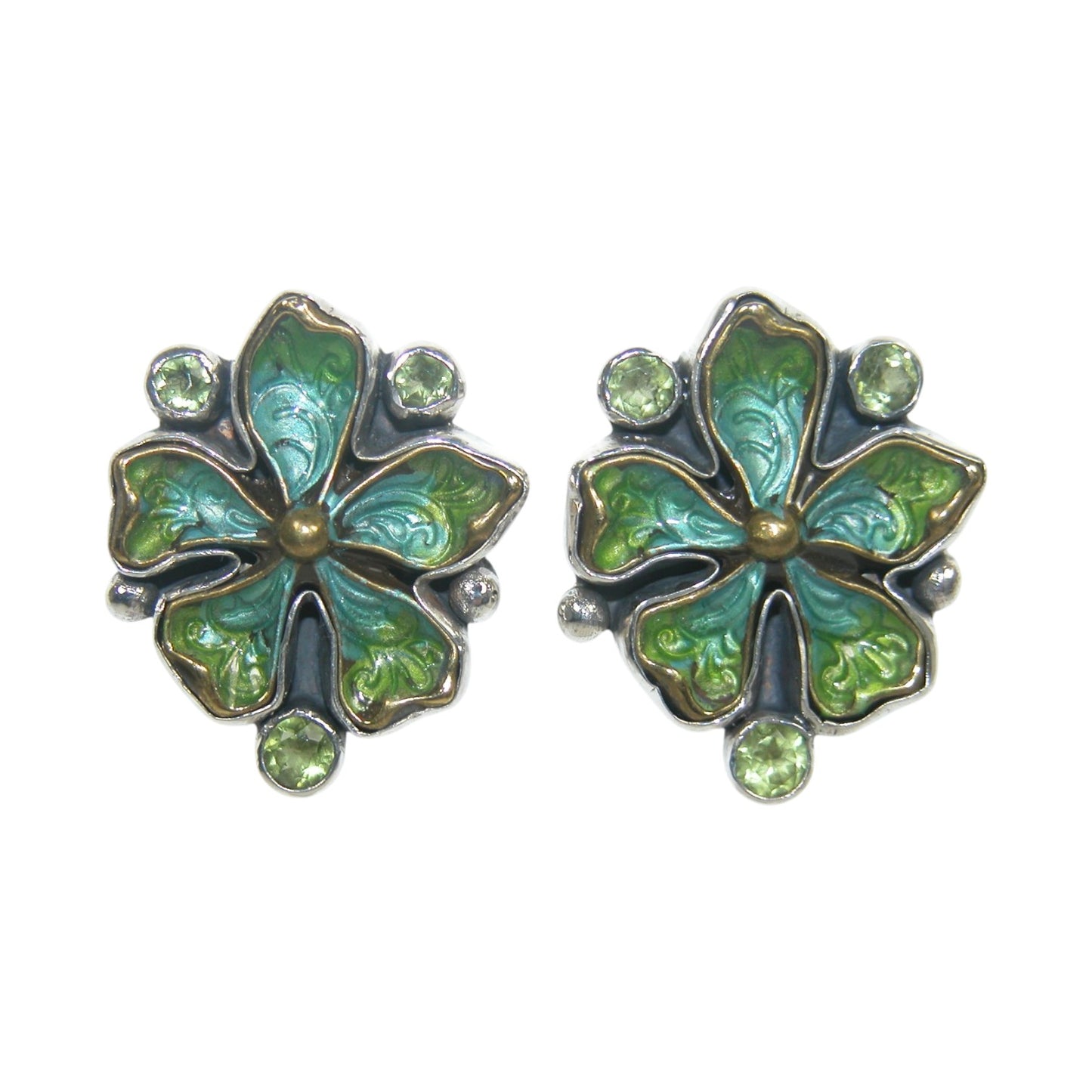 Hand Enameled Green Flower Sterling Silver Earrings