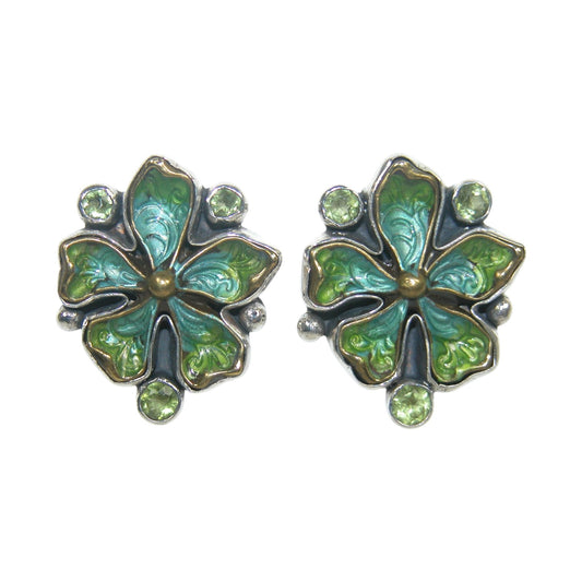 Hand Enameled Green Flower Sterling Silver Earrings