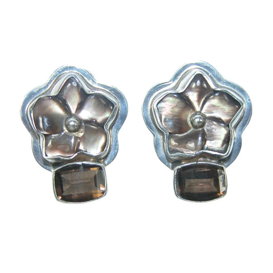 32827 Mother of Pearl Smokey Quartz Flower Sterling Silver Stud Earrings