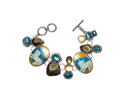 Hand Painted Leopard on Black Onyx with Gemstones Bracelet