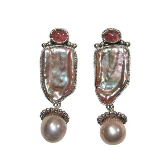 32842 Pink Tourmaline Freshwater Pearl Sterling Silver Drop Earrings