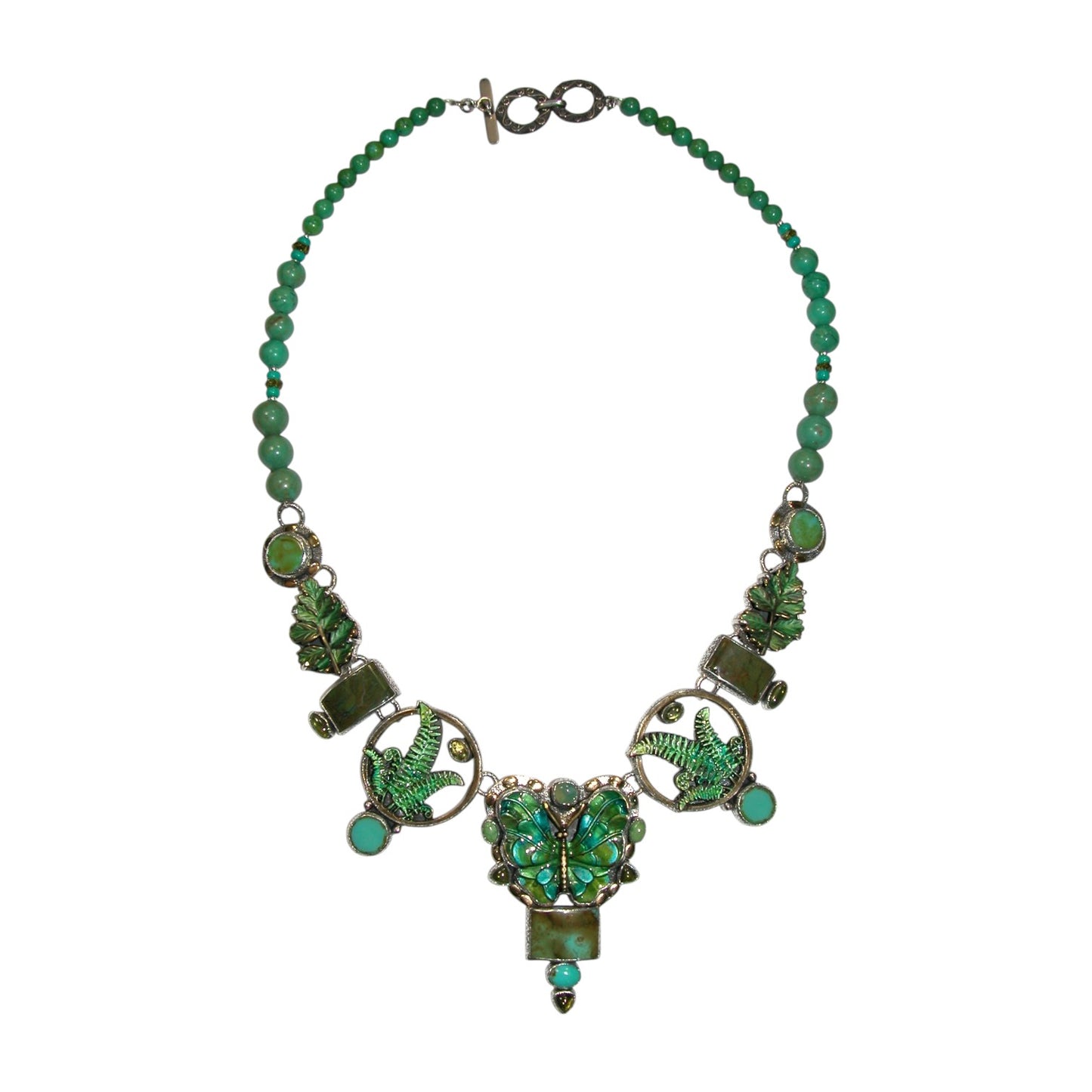 32850 Turquoise, Prehnite, Peridot, Chrysoprase, Hand Enameled Butterfly Sterling Silver Necklace