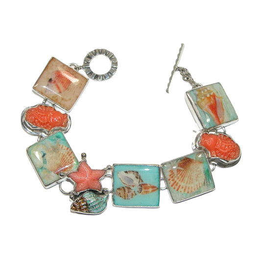 32857 Sea Life Shell Enamel Tile Sterling Silver Bracelet