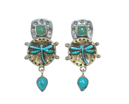 32871C Green Aventurine, Turquoise, Enameled Dragonfly, Sterling Silver Earrings