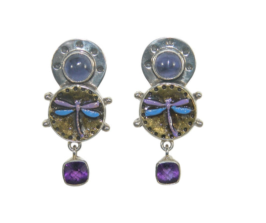 31002 Amethyst Enameled Dragonfly Sterling Silver Dangle Earrings