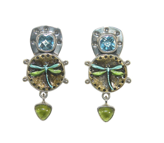 32871E Peridot, Blue Topaz Enameled Sterling Silver Dangle Earrings