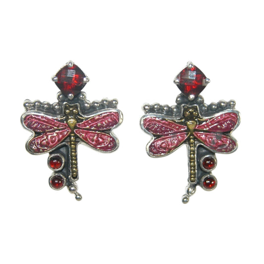 Garnet Enameled Dragonfly Sterling Silver Earrings
