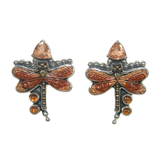 32872 Peach Quartz & Hessonite Dragonfly Sterling Silver Earrings